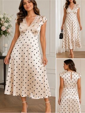 Camila Coelho Cream Midi Polka Dot Lace-Trim Dress